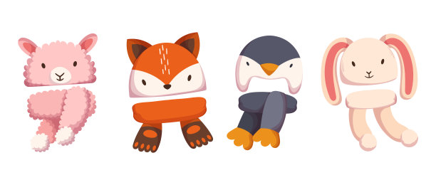 套可爱的孩子头饰，有趣的彩色儿童动物帽子秋冬季节，针织和纺织图片下载