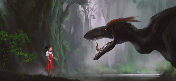 女孩面对一个流口水的怪物，3D插画。图片下载