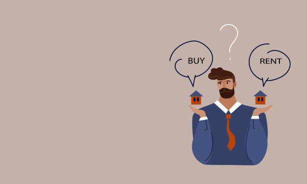 犹豫不决的商人正在决定买或租房子。出售、购买、租赁、租赁的房地产概念。矢量卡通涂鸦平面横幅，海报，传单，插图图片下载