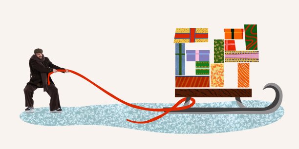 当代艺术拼贴。创意设计。穿着冬装的男人扛着沉重的雪橇，带着许多礼物图片下载