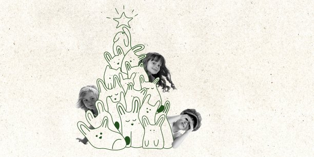 当代艺术拼贴。创意设计。孩子们欢快快乐，男孩女孩们偷偷探出圣诞树图片下载