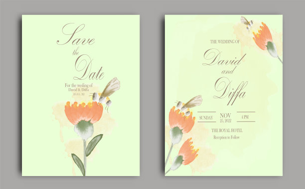 简单而优雅的婚礼请柬与水彩元素看起来如此美丽图片下载