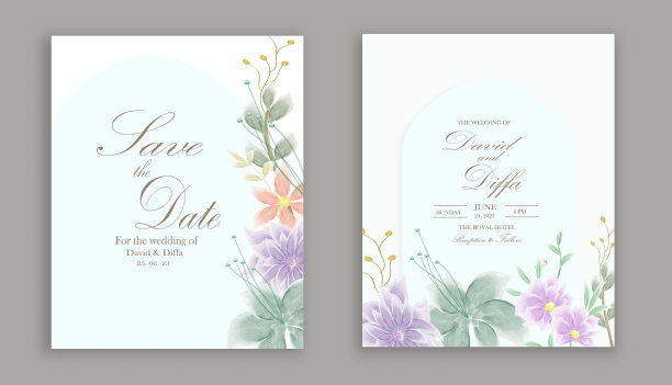 简单而优雅的婚礼请柬与水彩元素看起来如此美丽图片下载