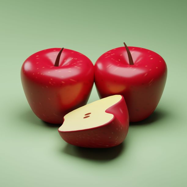 近距离3D渲染的一对红苹果和半切苹果在绿色背景图片下载