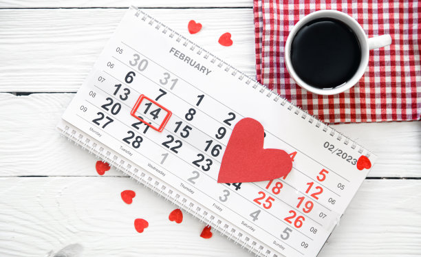 情人节背景，日历上的日期2月14日，平铺，俯视图。图片下载
