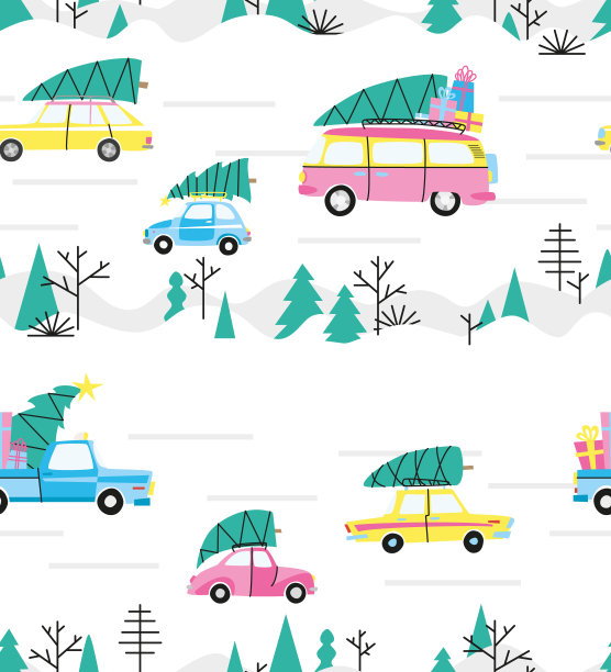 雪路上汽车和圣诞树的无缝图案。图片下载