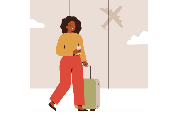 带着行李的快乐女子在机场。非裔美国女孩在等待登机时喝咖啡。图片下载