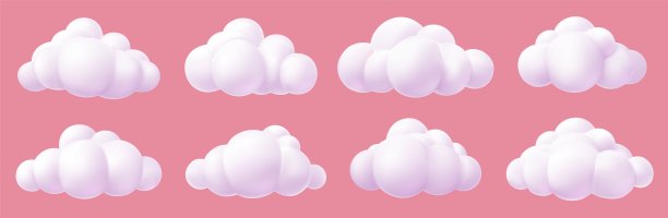 3d渲染设置卡通云粉色背景。渲染软圆卡通蓬松的云图标集。插图。图片下载