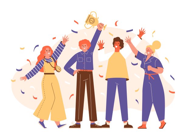 一群快乐的人赢得了金杯，平面矢量插图孤立在白色背景上。图片下载