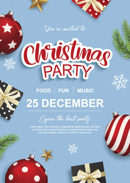 欢乐圣诞派对玻璃球和礼品盒宣传册设计蓝色背景邀请主题概念。节日快乐祝福横幅和卡片模板。图片下载