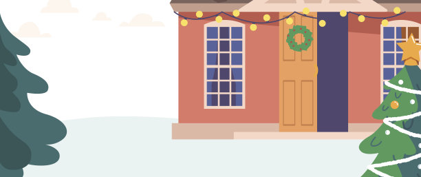 装饰冬季郊区小屋与圣诞装饰，冷杉树和雪。住宅，房地产图片下载