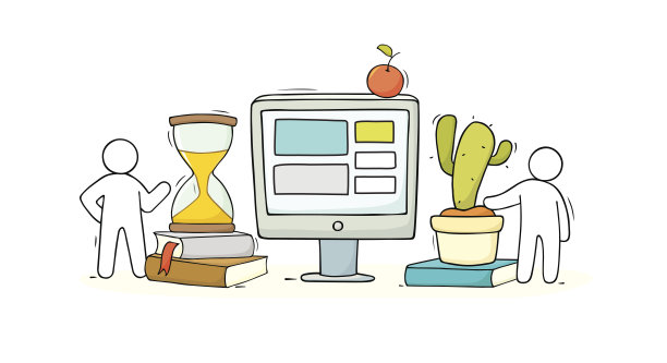 工作场所有电脑显示器，书籍，沙漏图片下载