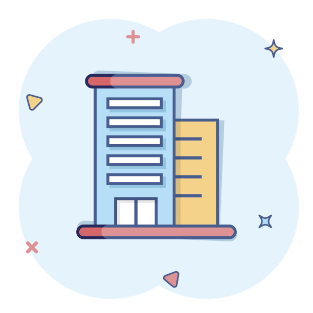 建筑图标在漫画风格。城市摩天大楼公寓卡通矢量插图在白色孤立的背景。城市塔飞溅效应的经营理念。图片下载