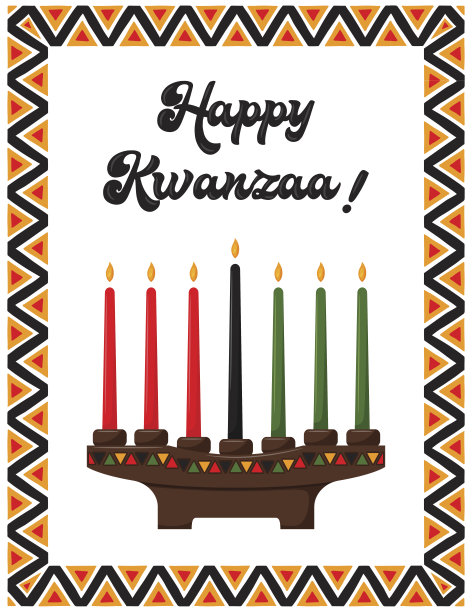 宽扎节快乐。带有传统烛台的贺卡-带有蜡烛的Kinara，象征宽扎节的七个原则。框架与非洲三角形图案。白色上的彩色矢量插图图片下载