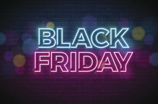黑色星期五销售插图与发光的霓虹灯字母在黑色砖墙背景。矢量新年和圣诞节贺卡，传单，横幅，庆祝海报或聚会邀请的设计模板。图片下载