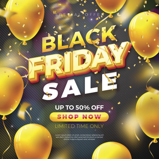 黑色星期五销售插图与3d字母和派对气球在黑暗的背景。矢量新年和圣诞节贺卡，传单，横幅，庆祝海报或聚会邀请的设计模板。图片下载
