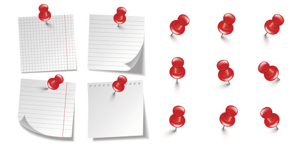 真实的空白便利贴孤立在白色背景上。白色的便签纸和红色的别针。纸提醒和带针的塑料图钉。板钉。矢量图图片下载