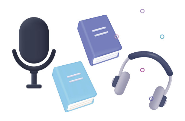 有声读物。书籍，麦克风和耳机3d。用于音频播客，阅读小说，小说，短篇故事的现代设备。演播室的声音，收音机。打球的器材、向导。向量集。图片下载