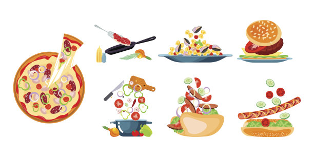 一套主要菜肴和零食孤立在白色图片下载