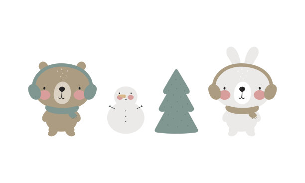 冬天有可爱的小熊和兔子。白色背景上的矢量插图。用于卡片，海报，贴纸，横幅，印刷在包装上，印刷在衣服，织物，墙纸。图片下载