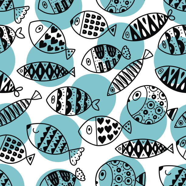 可爱的复古无缝模式与蓝色的鱼在白色的背景。图片下载