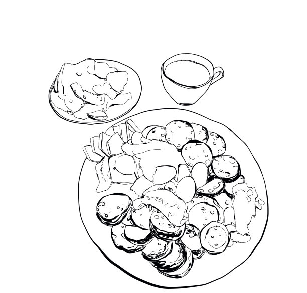 不同的现成肉类和蔬菜盘子。向量的草图。孤立的插图。在白色背景上手绘图片下载