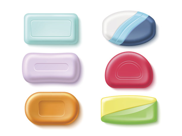 逼真的肥皂吧。3d隔离洗漱用品、不同形态和颜色的抗菌沐浴片、护肤卫生洁面产品。化妆品洗手模型完全矢量集图片下载