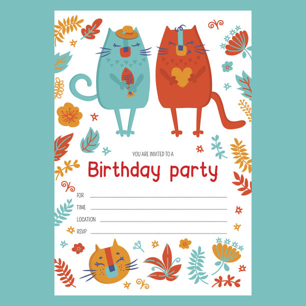 猫女孩邀请生日可爱的平面风格文字横幅矢量图片下载