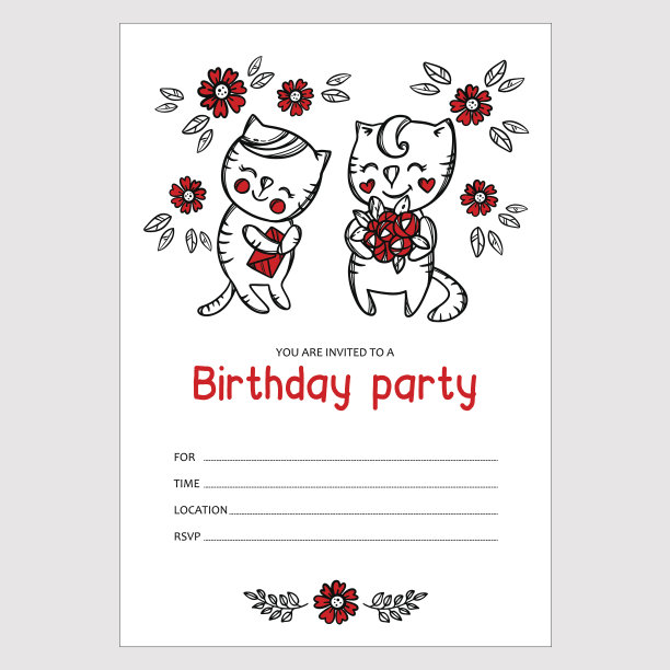 小猫用鲜花卡通文字横幅邀请生日猫图片下载