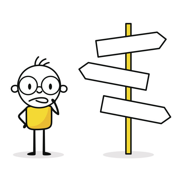 男人看着多个路标，决定下一步该去哪里。商业决策，决定正确的成功之路或选择选项，职业道路概念。矢量图图片下载
