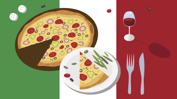 美味的素食披萨配上一杯葡萄酒和餐具，背景是意大利国旗图片下载