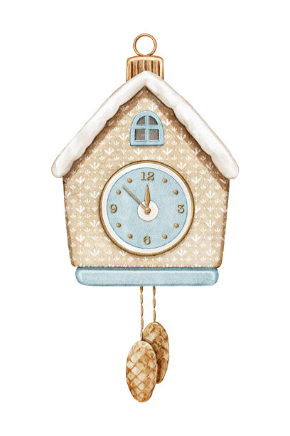 水彩卡通复古可爱的房子时钟圣诞树玩具图片下载