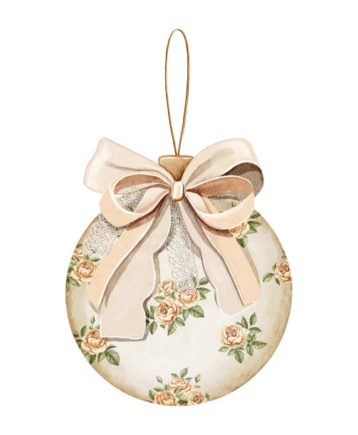 水彩卡通复古圣诞树玩具球与弓图片下载