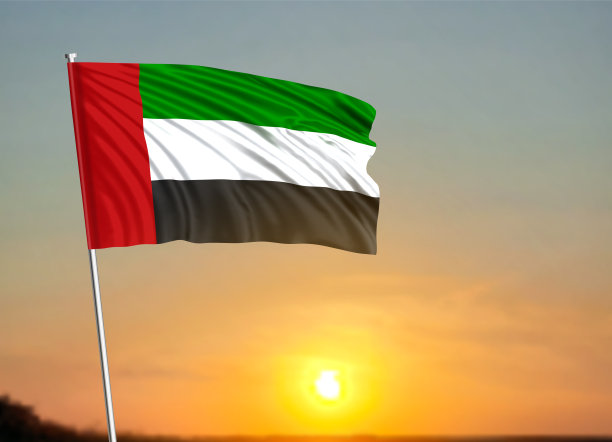 落日或日出背景上的阿联酋国旗图片下载