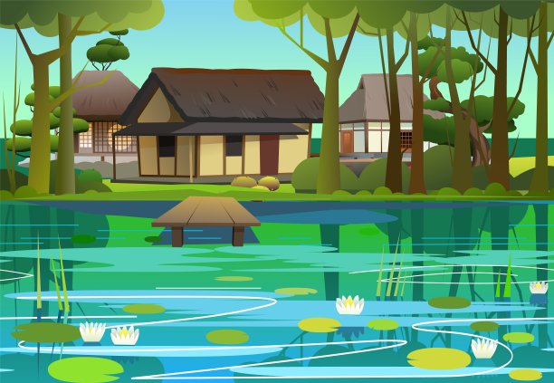日本睡莲池塘。传统的日本房子。小村庄。茅草屋顶的乡村住宅。说明向量。图片下载