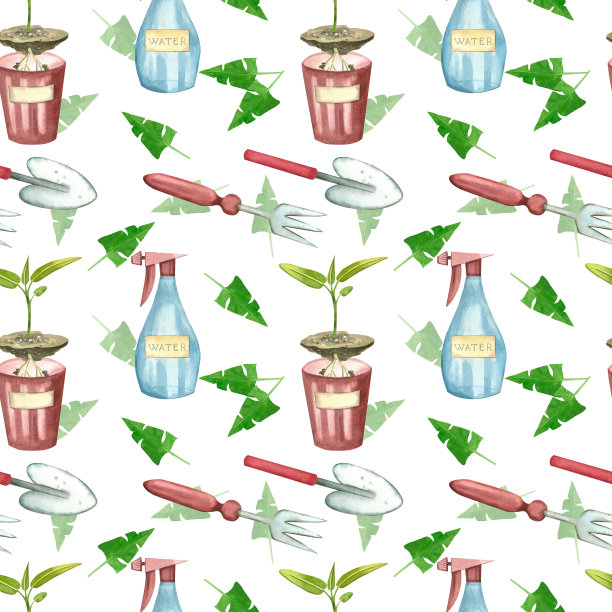 园艺。无缝图案的家居园艺主题。一个有土壤的芽，一个花盆，工作的工具，在白色背景上用水彩手绘。用于印刷，织物。图片下载