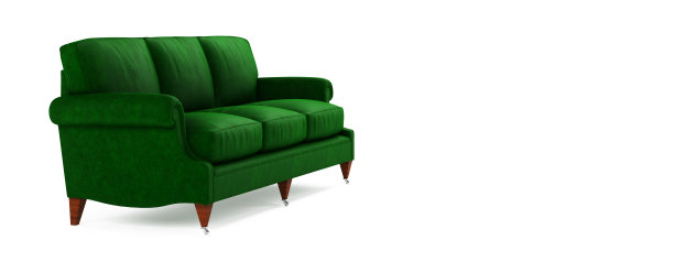 经典美丽舒适的织物绿色沙发木腿孤立在白色背景与阴影。美式沙发。家具，室内物品，时尚沙发图片下载