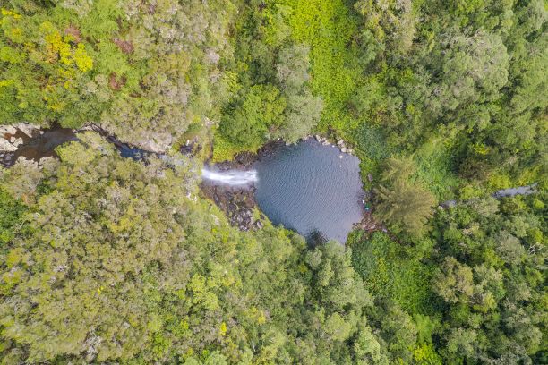 留尼旺公园里的一个湖的平面照片，在瀑布的底部，瀑布落在岩石峭壁上。图片下载