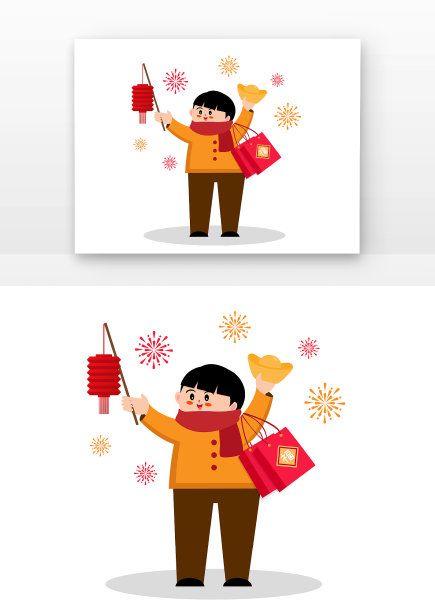 原创元素福娃小男孩拿灯笼元素图片下载