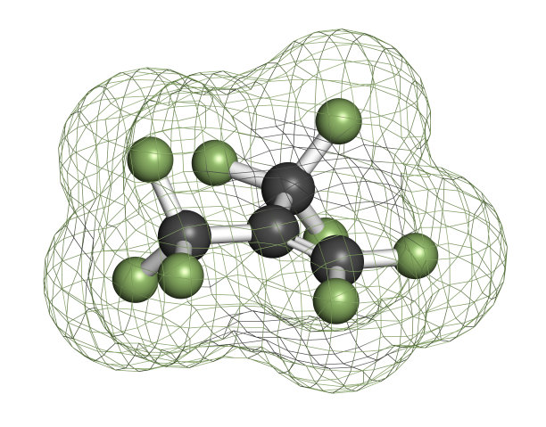 全氟异丁烯氟碳分子。3 d渲染。图片下载
