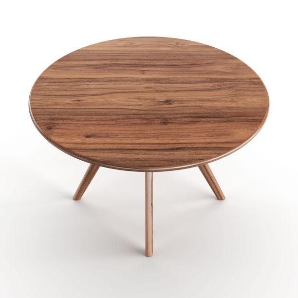 逼真的3D渲染圆形胡桃木桌子与三条腿的白色背景图片下载