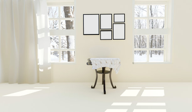 现代的浅米色单色客厅，有一张有口音的桌子和一系列的装饰画。室内设计概念。3 d演示。图片下载