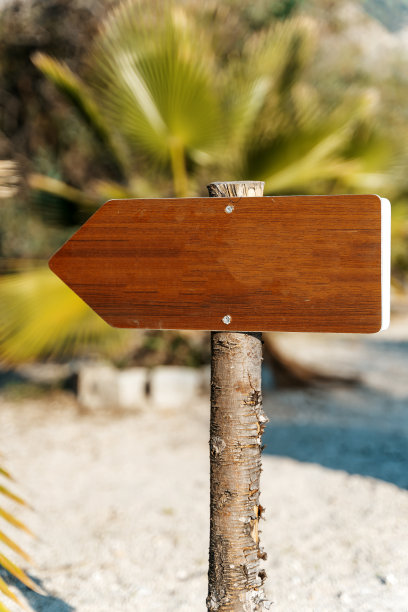 夏日沙滩上空白的路标板。路上空的木制信息路标。目的地，选择概念图片下载