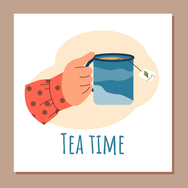 茶时横幅或卡片模板与手持杯平面矢量插图。图片下载