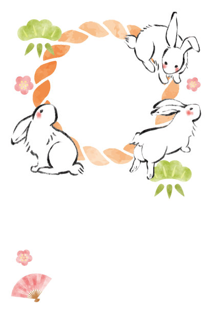 兔年卡，毛笔书写，日式风格，年卡相框，模板。图片下载