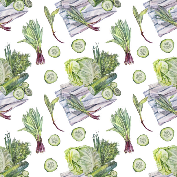 无缝图案水彩绿色蔬菜在蓝色毛巾在白色背景。莳萝、韭菜、黄瓜和卷心菜。手绘蔬菜沙拉。素食食物。烹饪书的艺术。包装图片下载