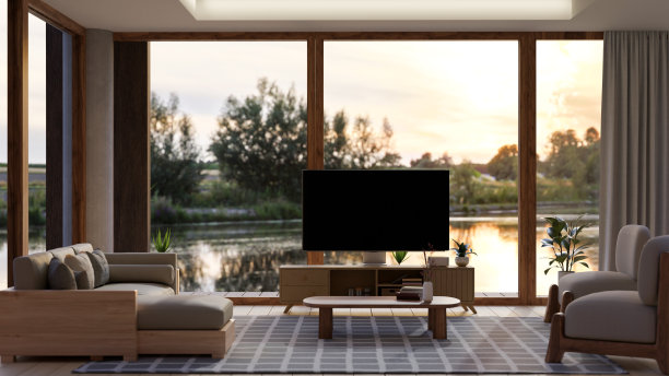 现代舒适的小屋，通过客厅的窗户可以看到湖景图片下载