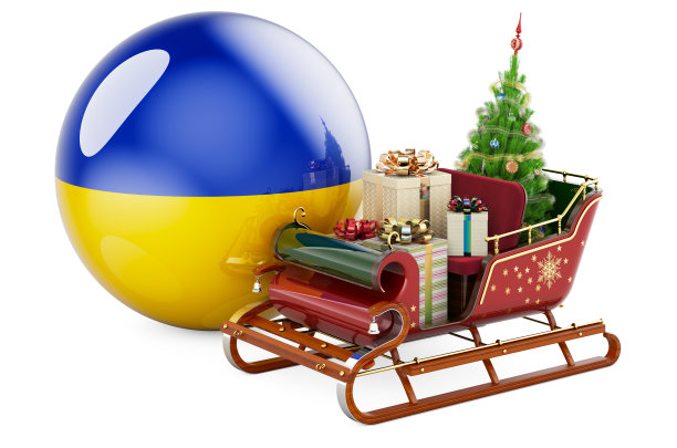 乌克兰的圣诞节，概念。圣诞老人雪橇装满了乌克兰国旗的礼物。三维渲染图片下载