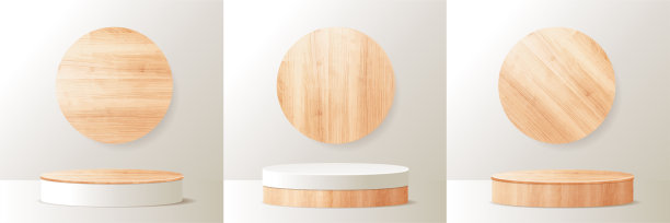矢量三维圆柱底座木裙台几何平台。产品展示展示。木质最小场景模板设计图片下载