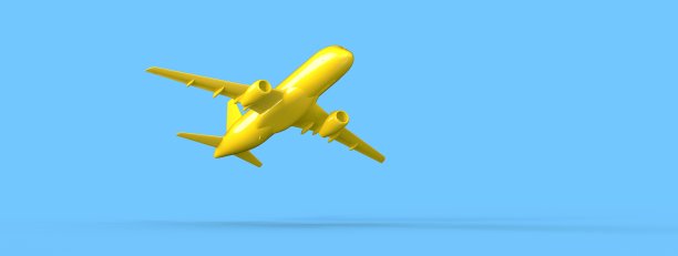 一架黄色飞机在蓝色背景上飞行的3D渲染图图片下载